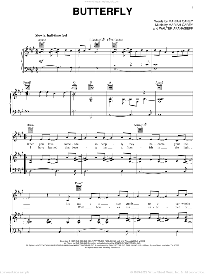Butterfly sheet music for voice, piano or guitar by Mariah Carey and Walter Afanasieff, intermediate skill level