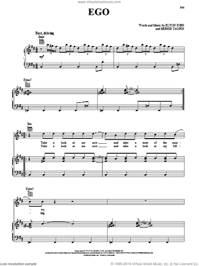 Ego sheet music for voice, piano or guitar by Elton John and Bernie Taupin, intermediate skill level