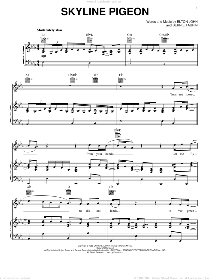 Skyline Pigeon sheet music for voice, piano or guitar by Elton John and Bernie Taupin, intermediate skill level