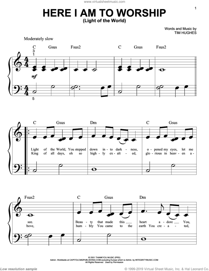 Here I Am To Worship sheet music for piano solo (big note book) by Phillips, Craig & Dean and Tim Hughes, easy piano (big note book)