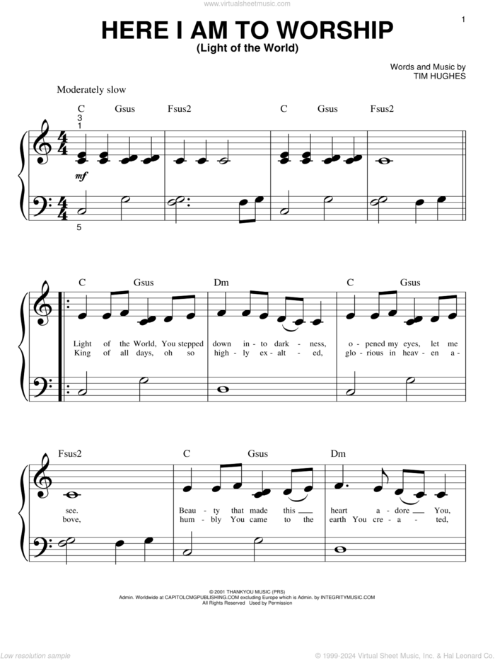 Here I Am To Worship sheet music for piano solo (big note book) by Phillips, Craig & Dean and Tim Hughes, easy piano (big note book)