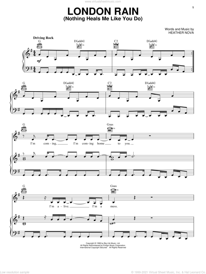 London Rain (Nothing Heals Me Like You Do) sheet music for voice, piano or guitar by Heather Nova, intermediate skill level