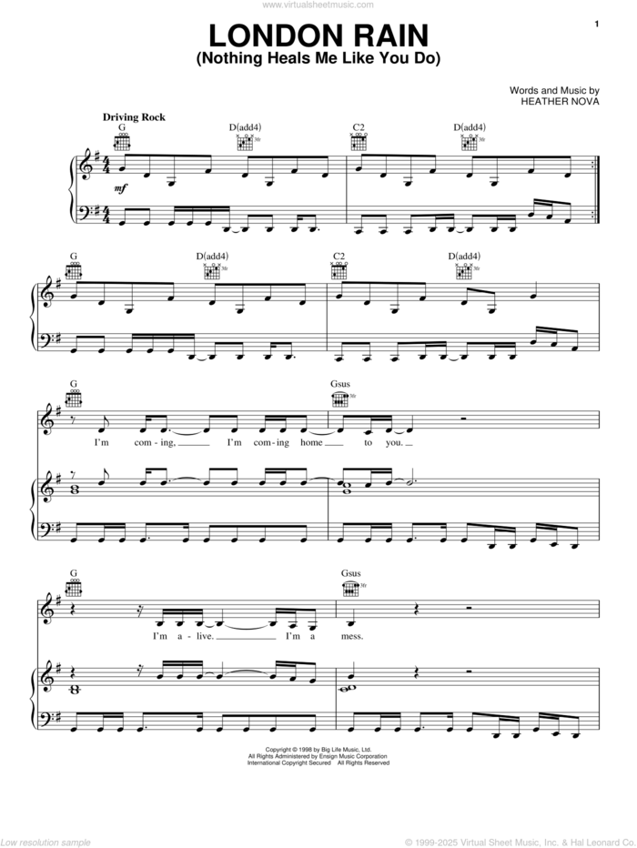 London Rain (Nothing Heals Me Like You Do) sheet music for voice, piano or guitar by Heather Nova, intermediate skill level