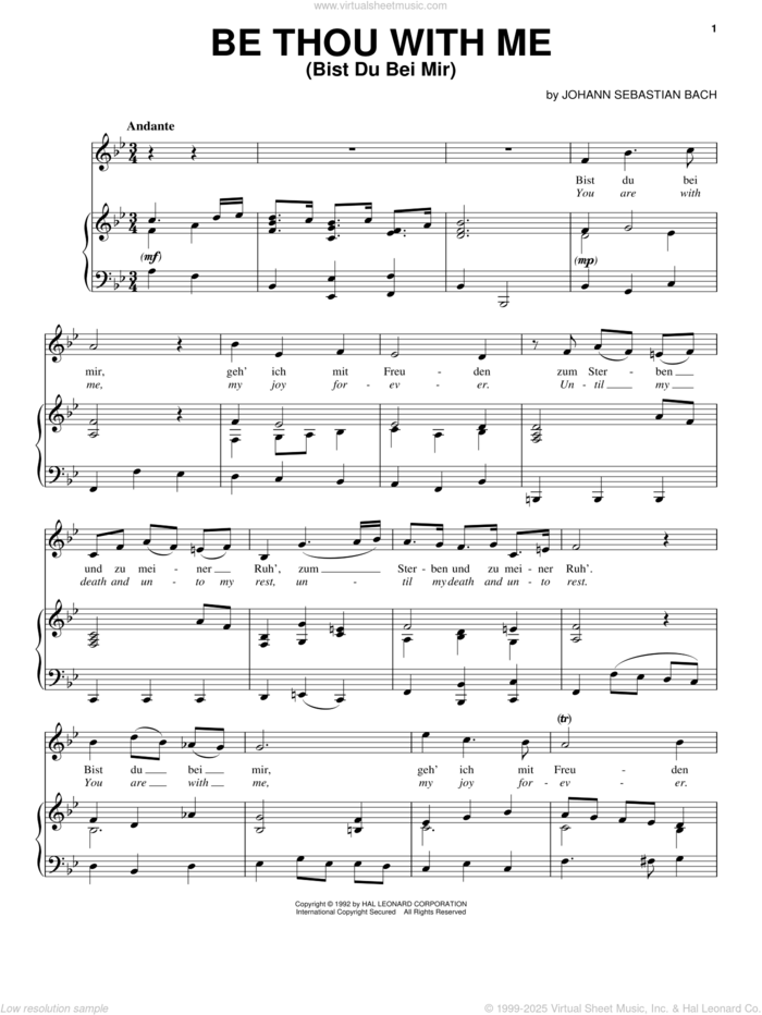 Bist Du Bei Mir (You Are With Me) sheet music for voice, piano or guitar by Johann Sebastian Bach, classical wedding score, intermediate skill level