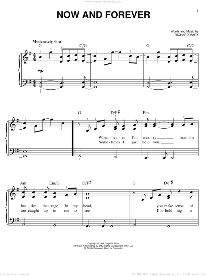 Now And Forever sheet music for piano solo by Richard Marx, easy skill level