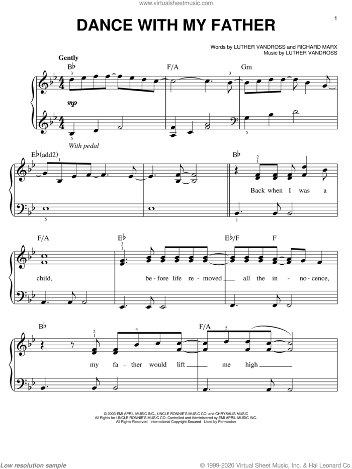 Dance With My Father sheet music for piano solo by Luther Vandross and Richard Marx, easy skill level