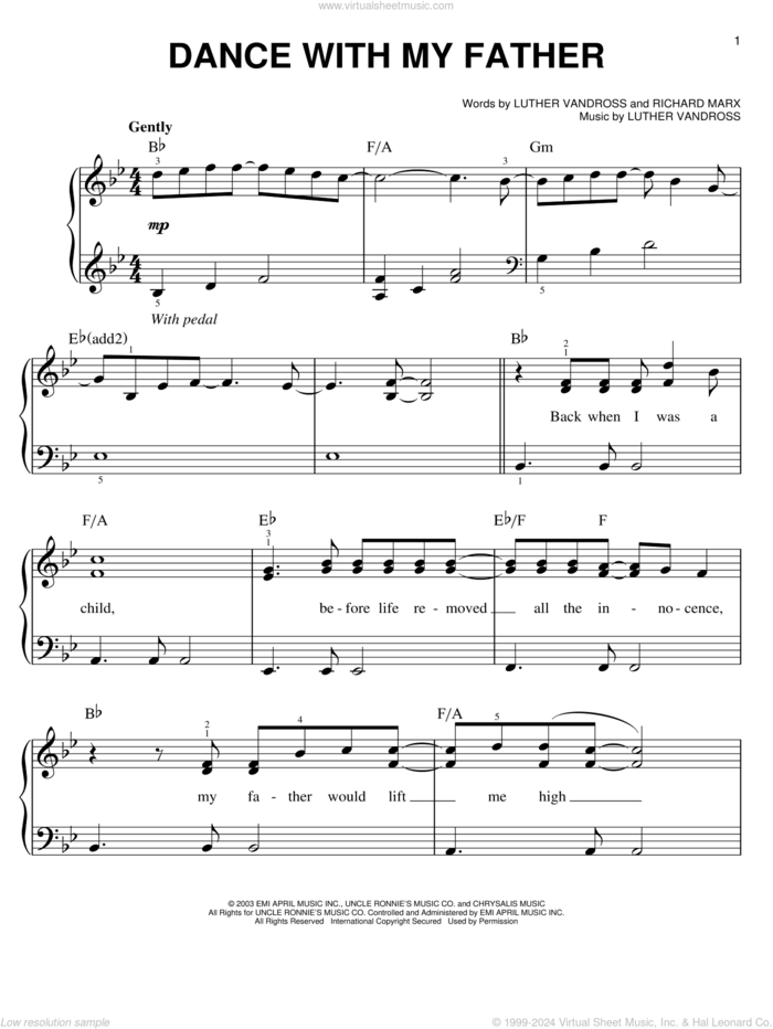 Dance With My Father sheet music for piano solo by Luther Vandross and Richard Marx, easy skill level