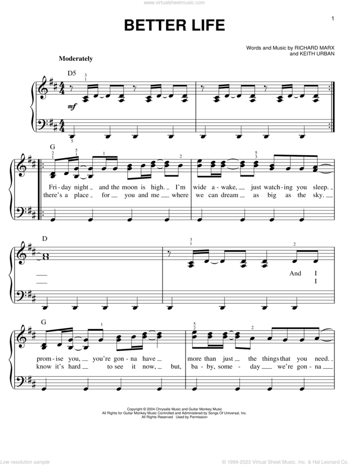 Better Life sheet music for piano solo by Richard Marx and Keith Urban, easy skill level