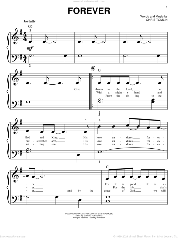 Forever sheet music for piano solo (big note book) by Chris Tomlin, easy piano (big note book)