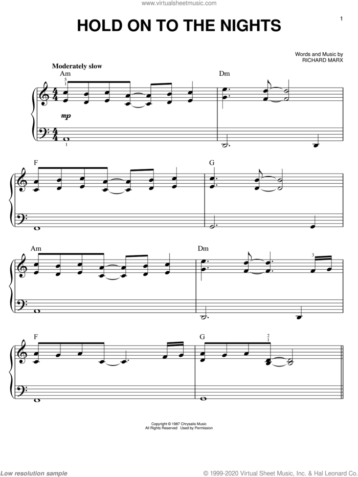 Hold On To The Nights sheet music for piano solo by Richard Marx, easy skill level