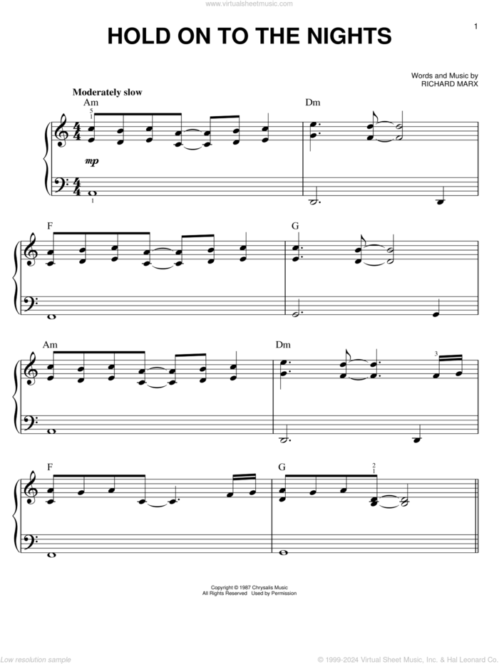 Hold On To The Nights sheet music for piano solo by Richard Marx, easy skill level