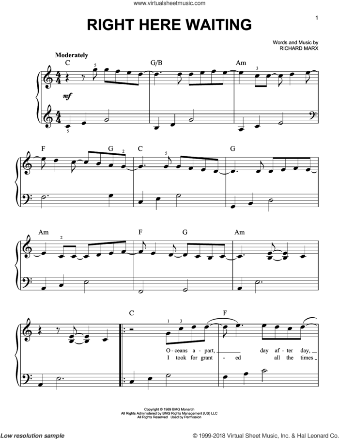 Right Here Waiting, (easy) sheet music for piano solo by Richard Marx, easy skill level