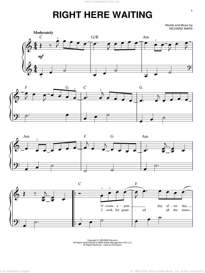 Right Here Waiting, (easy) sheet music for piano solo by Richard Marx, easy skill level