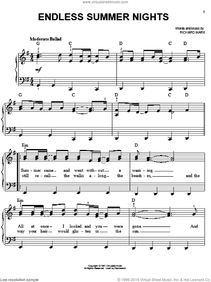 Endless Summer Nights sheet music for piano solo by Richard Marx, easy skill level
