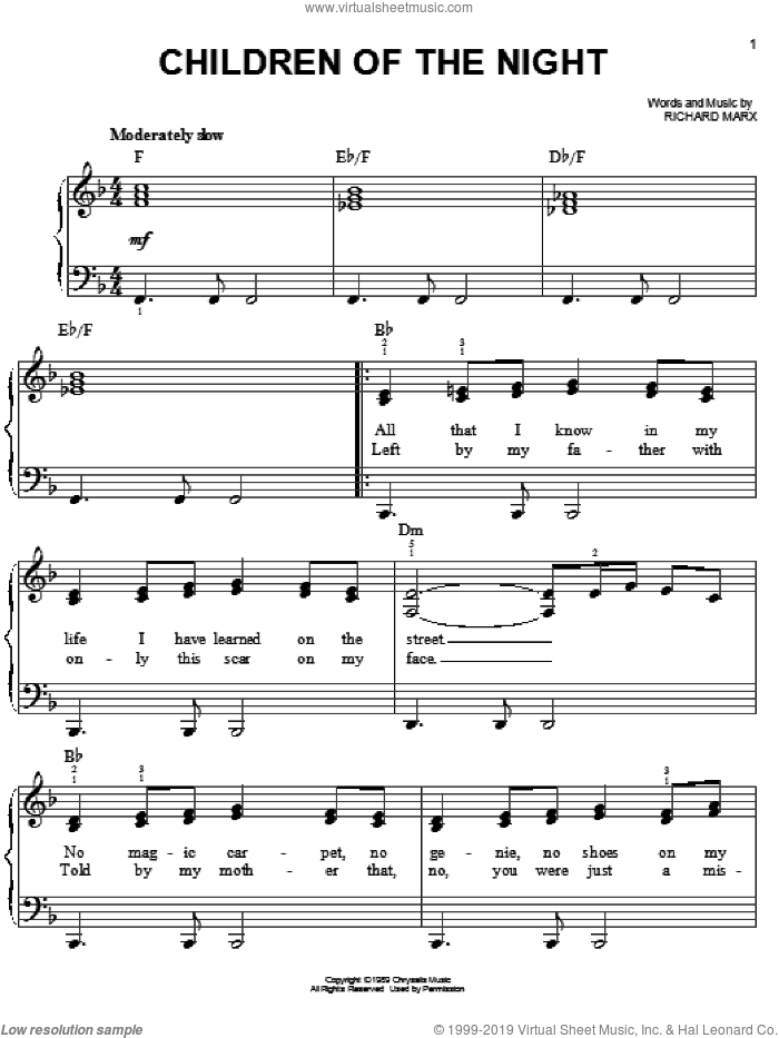 Children Of The Night sheet music for piano solo by Richard Marx, easy skill level