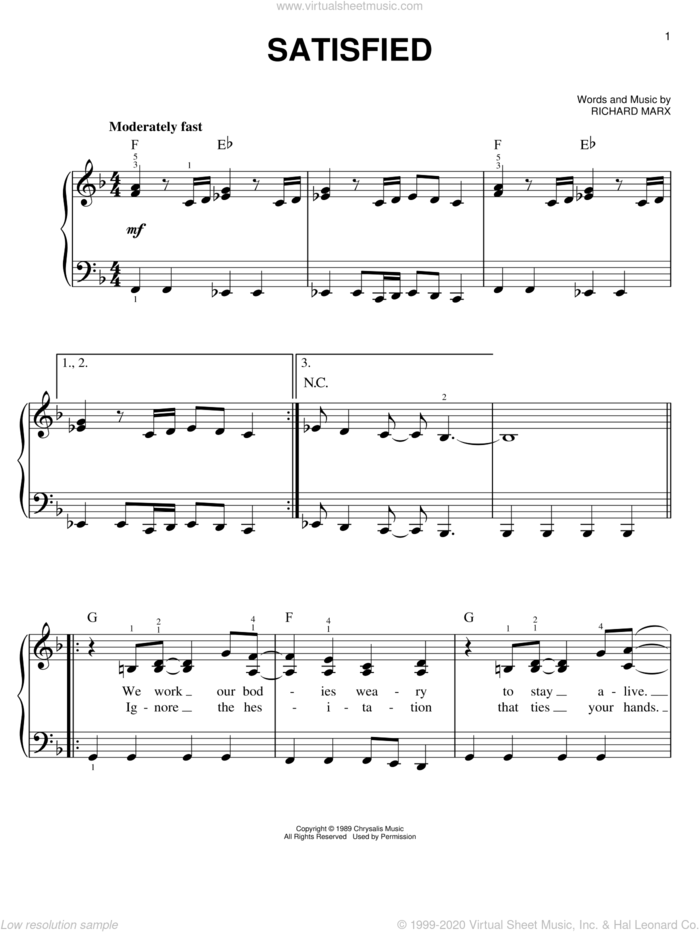 Satisfied sheet music for piano solo by Richard Marx, easy skill level
