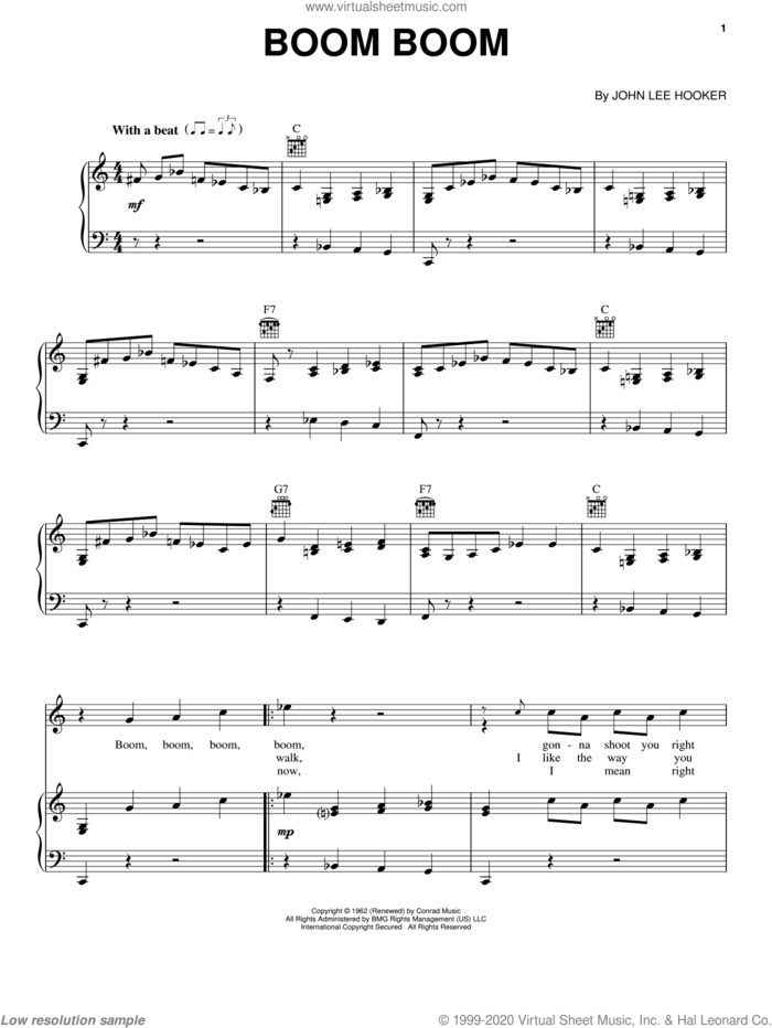 Boom Boom sheet music for voice, piano or guitar by John Lee Hooker, intermediate skill level