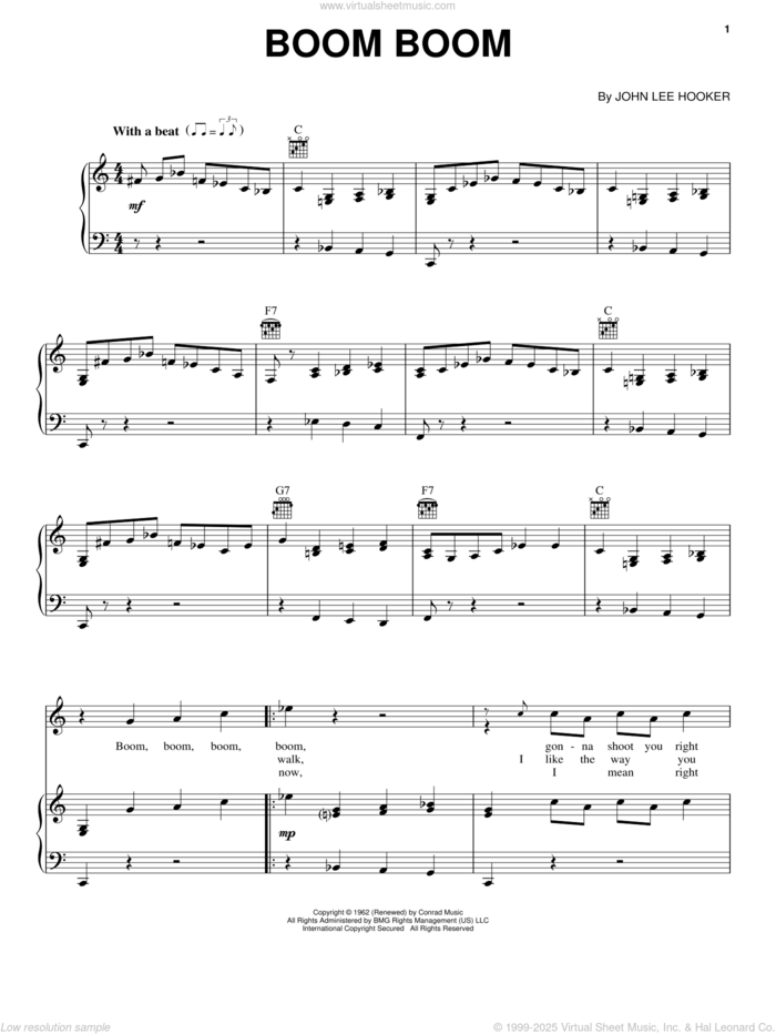 Boom Boom sheet music for voice, piano or guitar by John Lee Hooker, intermediate skill level