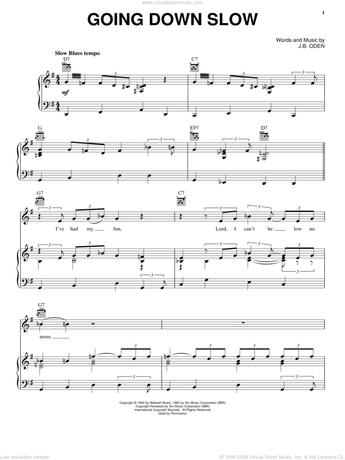 Going Down Slow sheet music for voice, piano or guitar by Howlin' Wolf and J.B. Oden, intermediate skill level