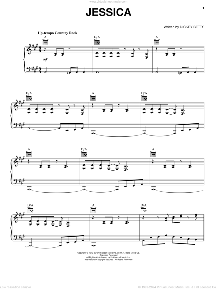 Jessica sheet music for piano solo by Allman Brothers Band, The Allman Brothers Band and Dickey Betts, intermediate skill level