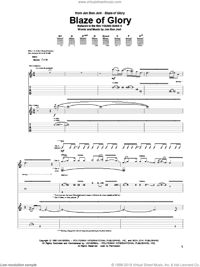 Blaze Of Glory sheet music for guitar (tablature) by Bon Jovi, intermediate skill level
