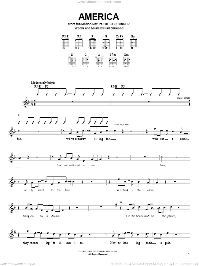 America sheet music for guitar solo (chords) by Neil Diamond, easy guitar (chords)