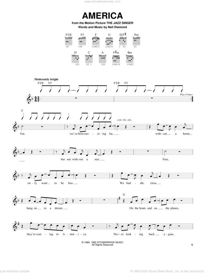 America sheet music for guitar solo (chords) by Neil Diamond, easy guitar (chords)