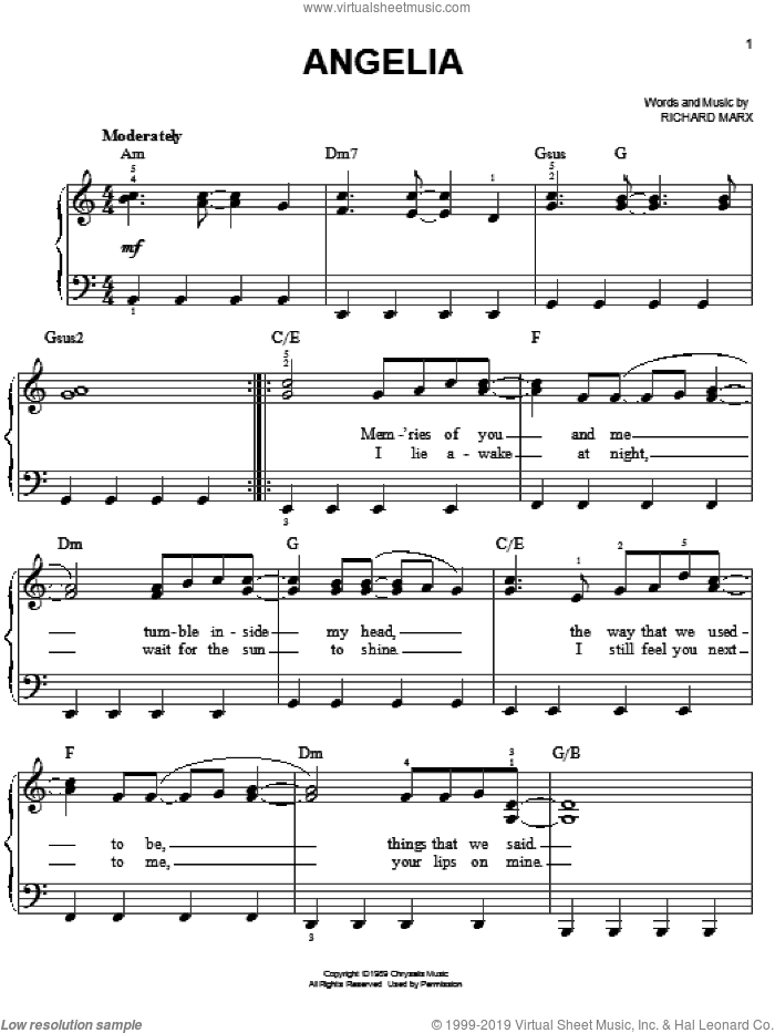 Angelia sheet music for piano solo by Richard Marx, easy skill level