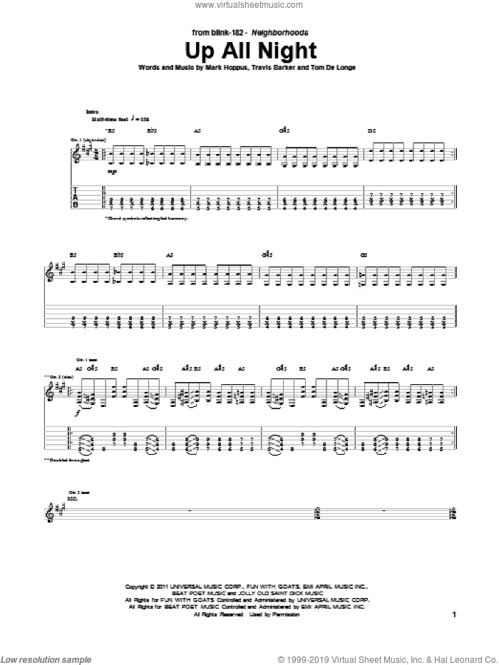 Up All Night sheet music for guitar (tablature) by Blink-182, Mark Hoppus, Tom DeLonge and Travis Barker, intermediate skill level
