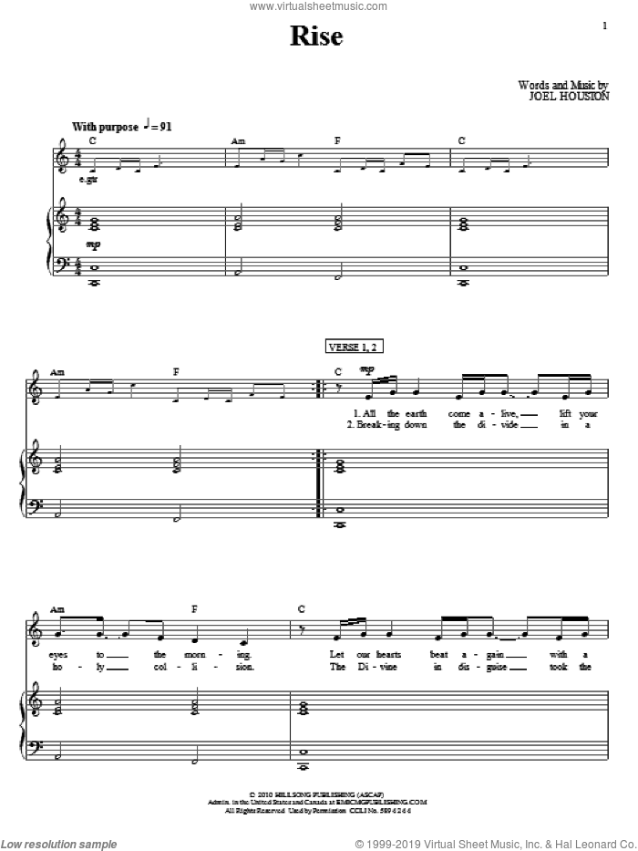 Rise sheet music for voice, piano or guitar by Hillsong United, Hillsong and Joel Houston, intermediate skill level