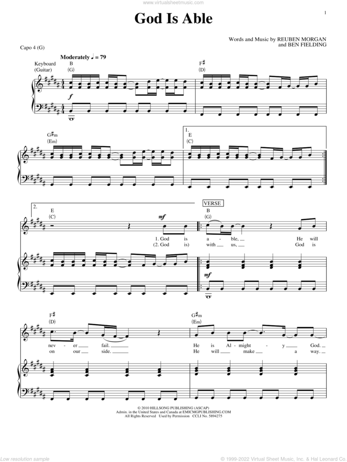 God Is Able sheet music for voice, piano or guitar by Hillsong United, Hillsong, Ben Fielding and Reuben Morgan, intermediate skill level