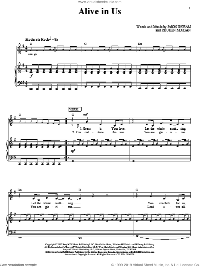 Alive In Us sheet music for voice, piano or guitar by Hillsong United, Hillsong, Jason Ingram and Reuben Morgan, intermediate skill level