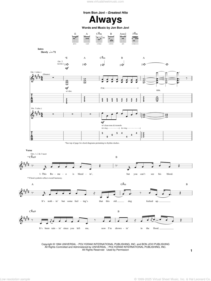 Always sheet music for guitar (tablature) by Bon Jovi, intermediate skill level