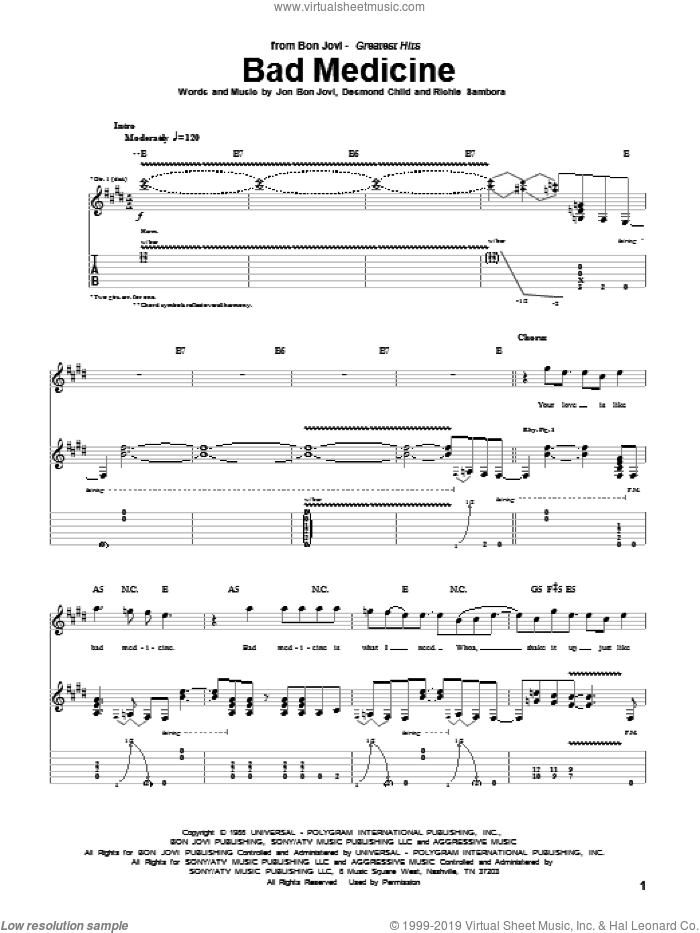 Bad Medicine sheet music for guitar (tablature) by Bon Jovi, Desmond Child and Richie Sambora, intermediate skill level
