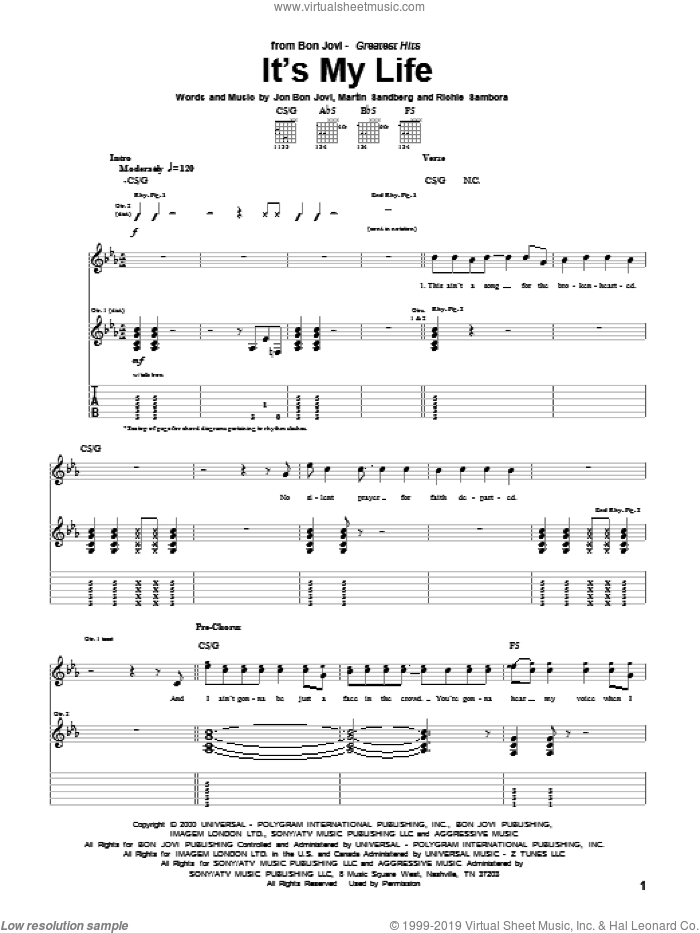 It's My Life sheet music for guitar (tablature) by Bon Jovi, Martin Sandberg and Richie Sambora, intermediate skill level