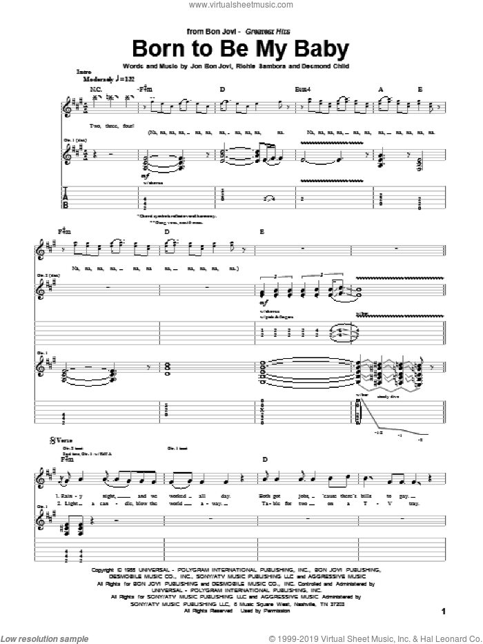 Born To Be My Baby sheet music for guitar (tablature) by Bon Jovi, Desmond Child and Richie Sambora, intermediate skill level
