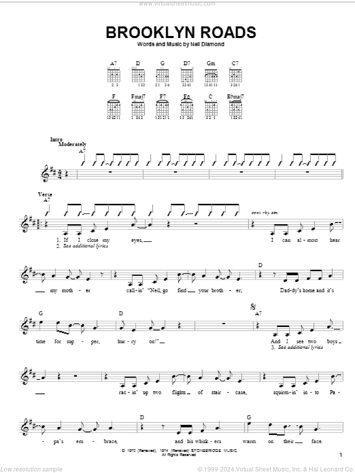 Brooklyn Roads sheet music for guitar solo (chords) by Neil Diamond, easy guitar (chords)