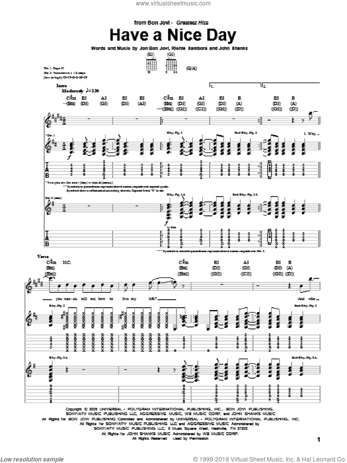 Have A Nice Day sheet music for guitar (tablature) by Bon Jovi, John Shanks and Richie Sambora, intermediate skill level