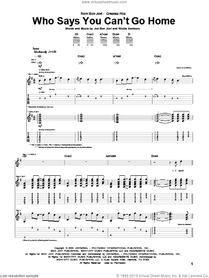 Who Says You Can't Go Home sheet music for guitar (tablature) by Bon Jovi with Jennifer Nettles, Jennifer Nettles, Bon Jovi and Richie Sambora, intermediate skill level