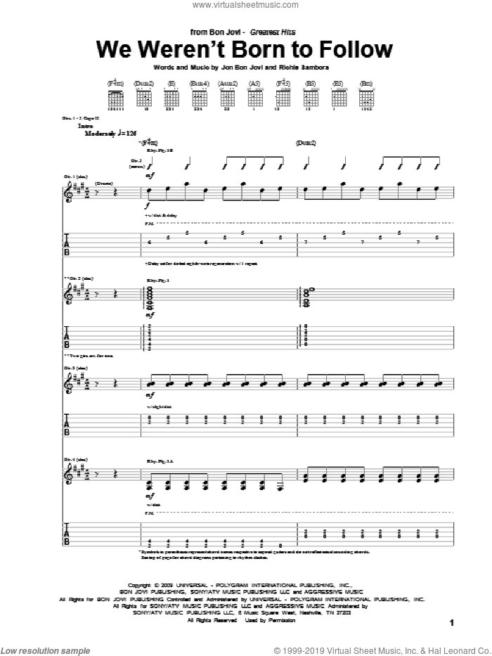 We Weren't Born To Follow sheet music for guitar (tablature) by Bon Jovi and Richie Sambora, intermediate skill level