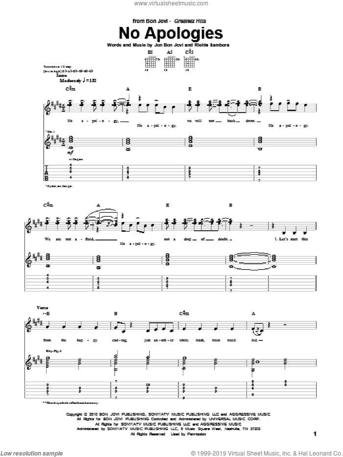 No Apologies sheet music for guitar (tablature) by Bon Jovi and Richie Sambora, intermediate skill level
