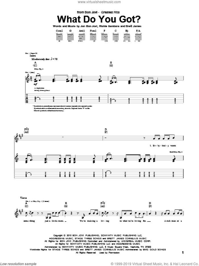 What Do You Got? sheet music for guitar (tablature) by Bon Jovi, Brett James and Richie Sambora, intermediate skill level