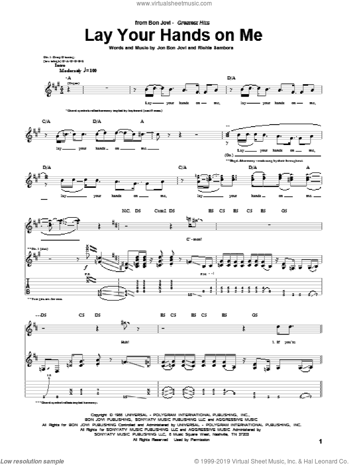 Lay Your Hands On Me sheet music for guitar (tablature) by Bon Jovi and Richie Sambora, intermediate skill level