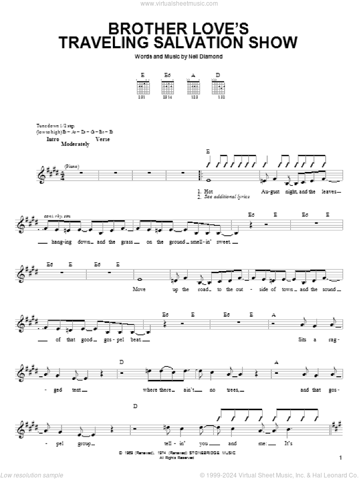 Brother Love's Traveling Salvation Show sheet music for guitar solo (chords) by Neil Diamond, easy guitar (chords)
