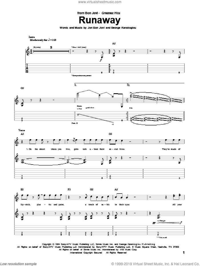 Runaway sheet music for guitar (tablature) by Bon Jovi and George Karak, intermediate skill level