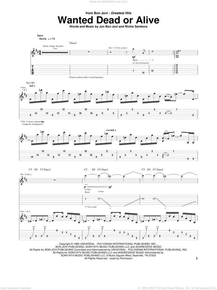 Wanted Dead Or Alive sheet music for guitar (tablature) by Bon Jovi, Chris Daughtry and Richie Sambora, intermediate skill level