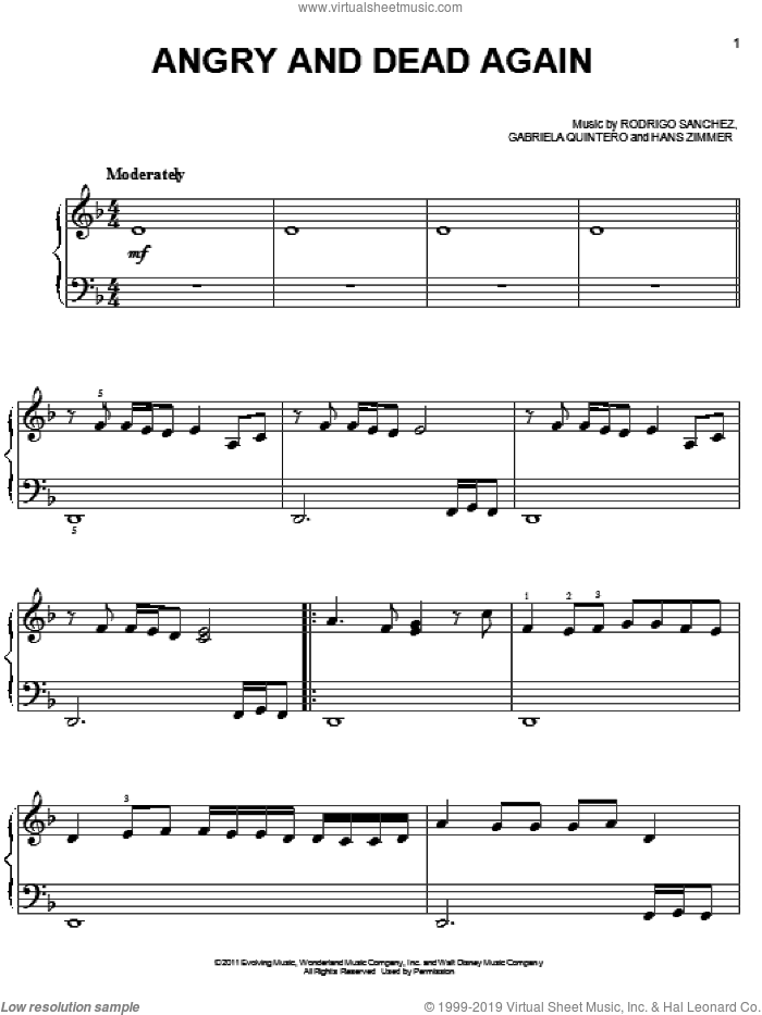 Angry And Dead Again sheet music for piano solo by Hans Zimmer, Pirates Of The Caribbean: On Stranger Tides (Movie), Gabriela Quintero, Rodrigo Sanchez and Rodrigo y Gabriela, easy skill level
