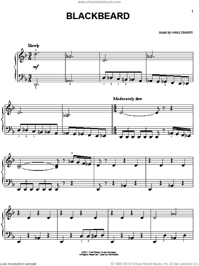Blackbeard sheet music for piano solo by Hans Zimmer and Pirates Of The Caribbean: On Stranger Tides (Movie), easy skill level