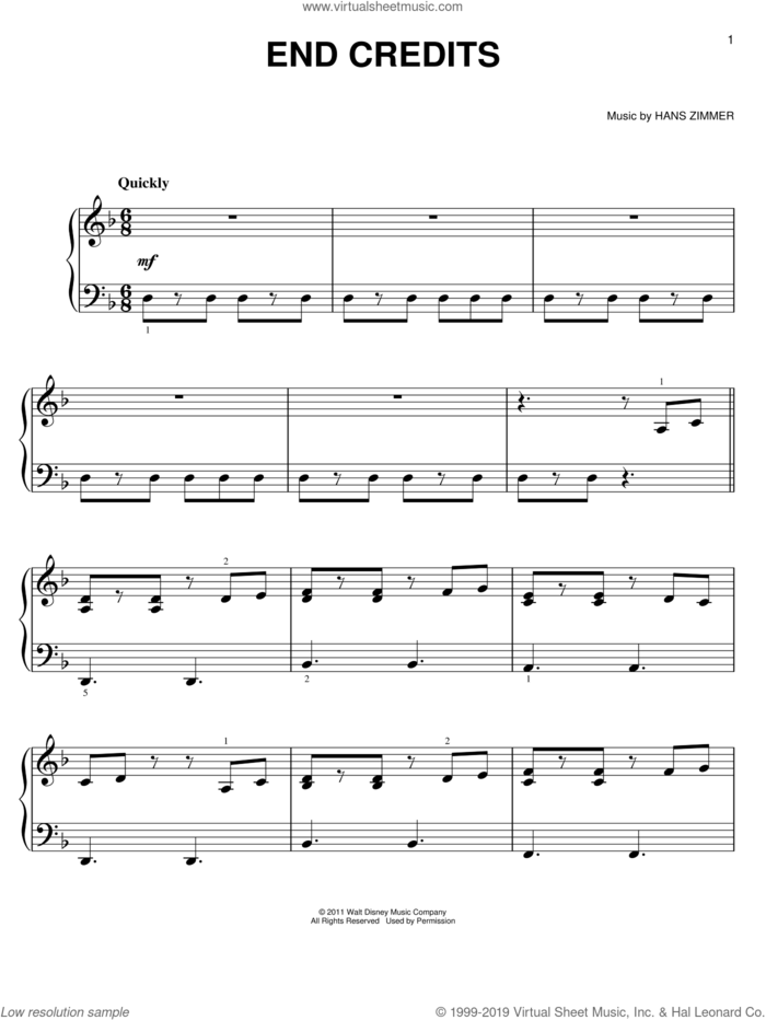 End Credits, (easy) sheet music for piano solo by Hans Zimmer and Pirates Of The Caribbean: On Stranger Tides (Movie), easy skill level