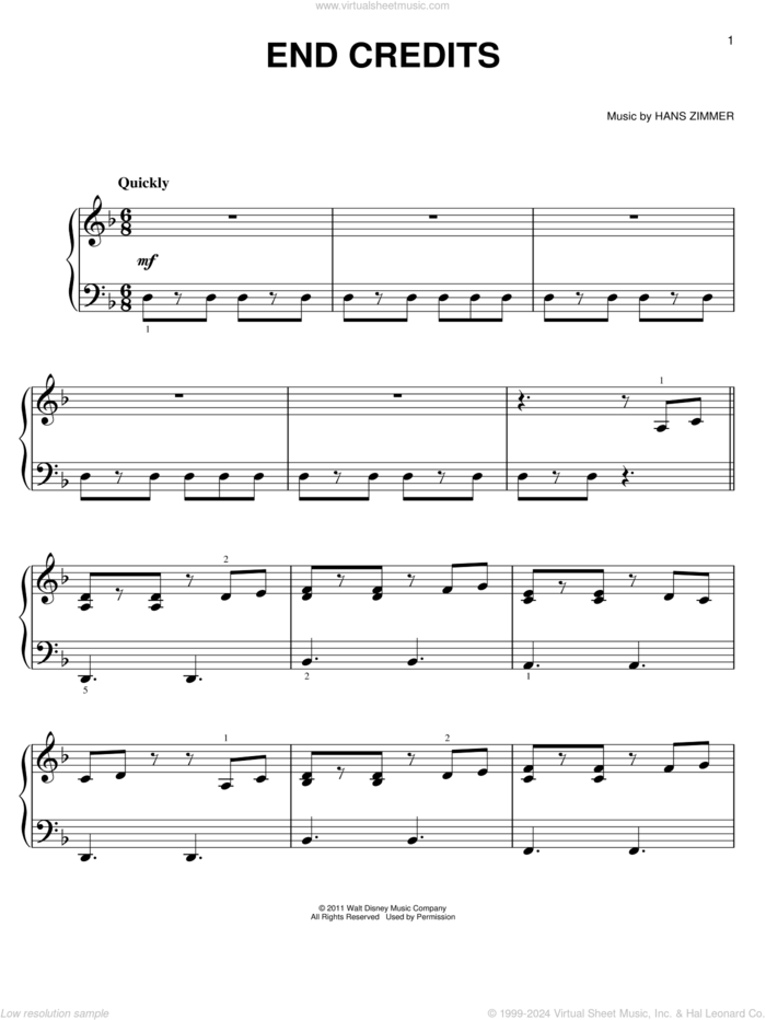 End Credits, (easy) sheet music for piano solo by Hans Zimmer and Pirates Of The Caribbean: On Stranger Tides (Movie), easy skill level